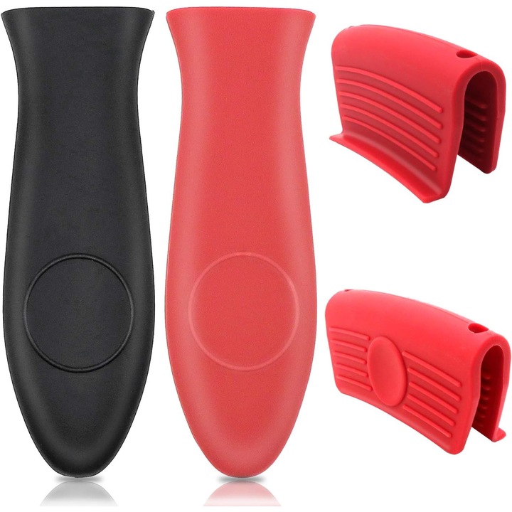 Set 4 suporturi din silicon pentru manere de oale, rezistente la caldura, rosu/negru