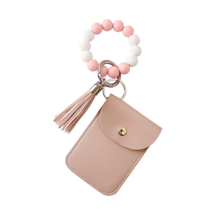 Rózsaszín PU bőr kulcstartó kártyatartóval, egyedi design, vízálló, kulcstartó résszel