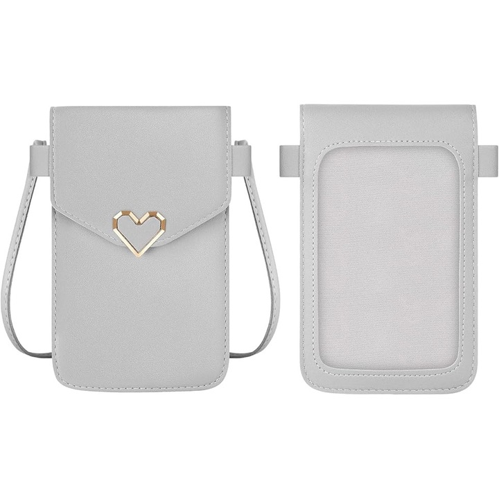 Mobiltelefon táska, világosszürke, méretei 12x1x19cm, hely telefonnak, érméknek vagy kártyáknak