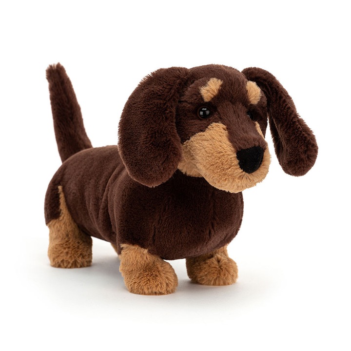 Jucarie de plus caine Otto Dachshund, 17cm, culoare ciocolata inchisa cu pete caramel