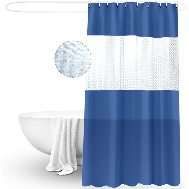 Perdea de dus, 183x207cm, impermeabila, cu 12 inele, alb/albastru