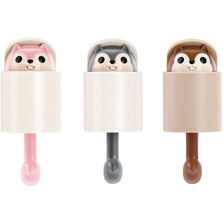 Set 3 suporturi pentru prosoape, design veverita, 5.1x5.3cm, multicolor