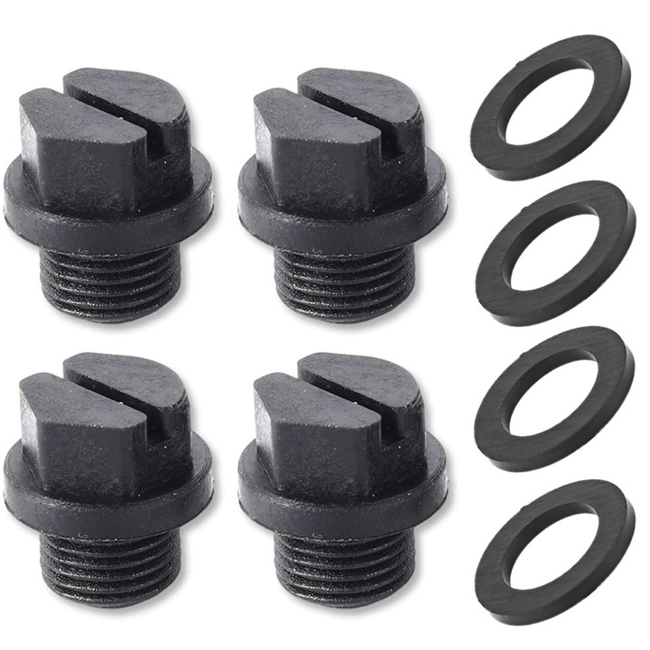 Set 4 dopuri de scurgere pentru piscina, cu garnitura, negru, plastic si cauciuc