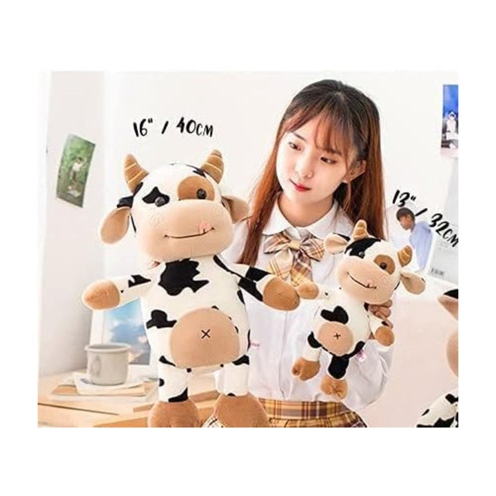 Jucarie de plus vaca, 25cm, prieten moale si pufos, multicolor, pentru toate varstele