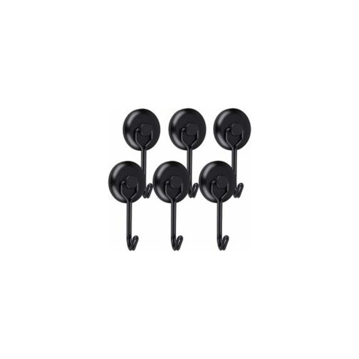 Set 6 carlige magnetice rotative negre, 20mm, din inox, capacitate de 12 kg