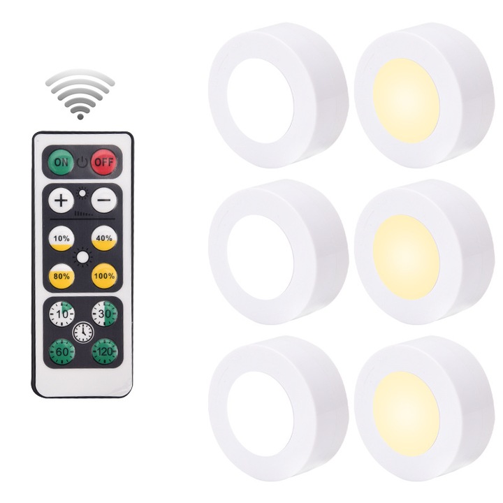 Set de 6 lumini LED Puck cu telecomanda, iluminare wireless, ajustare a luminozitatii, alb