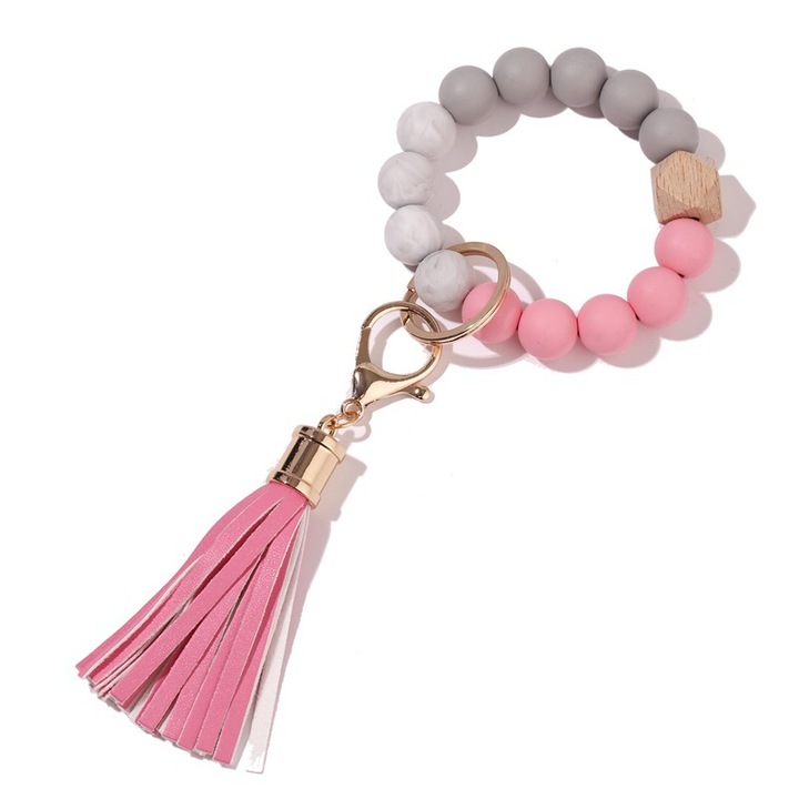 Breloc cu margele din silicon si lemn, set cu ciucure din piele, multicolor, pentru chei