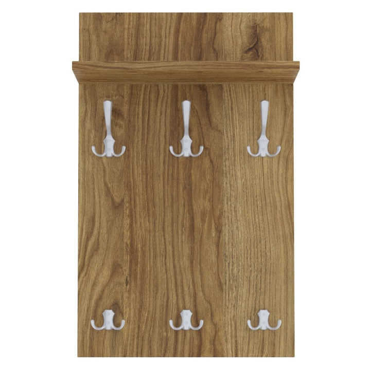 Cuier de perete AKKE MIDI, suport haine cu 6 carlige rezistente din aluminiu, design modern si elegant, fabricat din pal melaminat, dimensiuni 80x50 cm, culoare stejar natur, solutie practica pentru hol, dormitor, birou, baie, organizator s