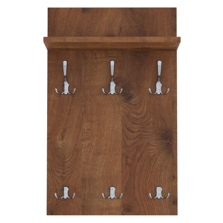 Cuier de perete MIDI cu carlige cromate AKKE, Stejar antichizat, 70X40