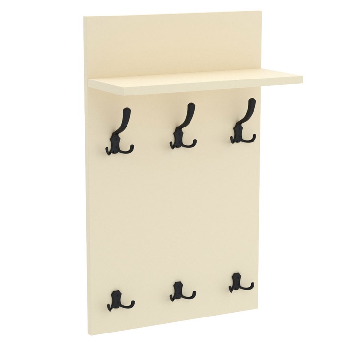 Cuier de perete MIDI cu carlige negre AKKE, Vanilie, 80X50