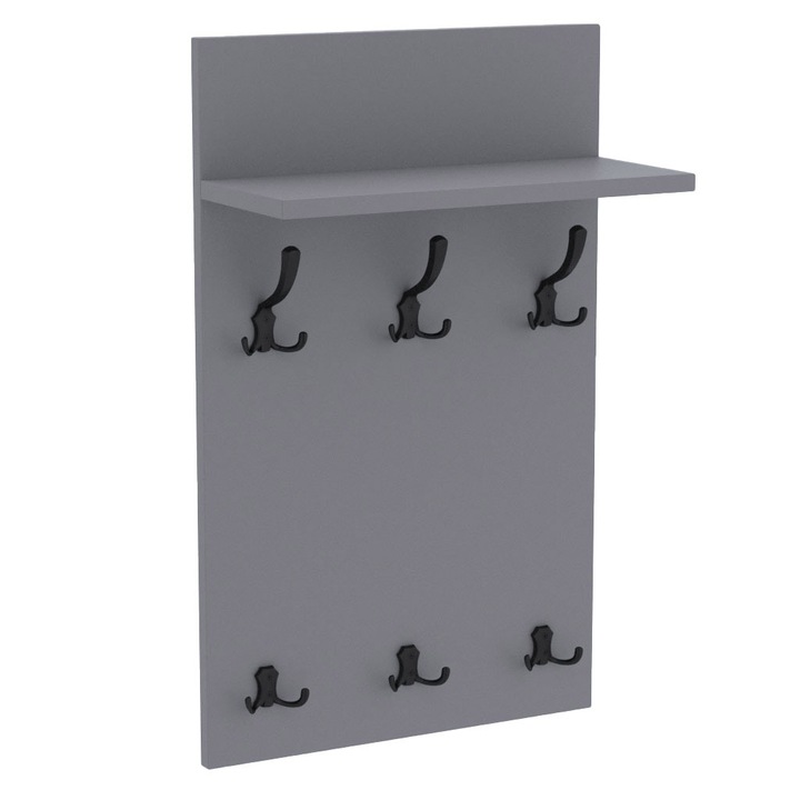 Cuier de perete MIDI cu carlige negre AKKE, Gri grafit, 80X50