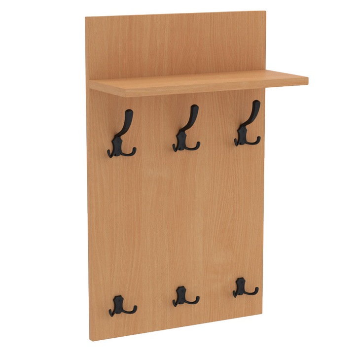 Cuier de perete MIDI cu carlige negre AKKE, Fag, 90X50 cm