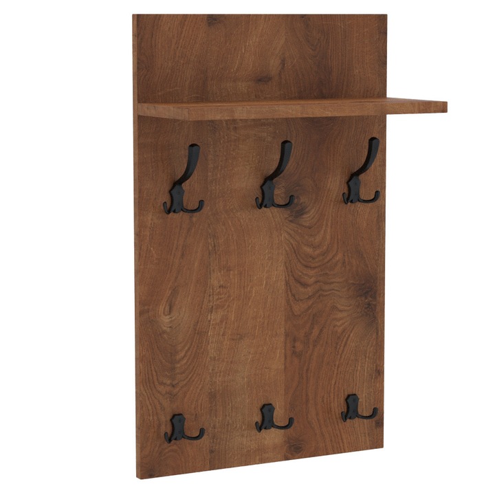 Cuier de perete MIDI cu carlige negre AKKE, Stejar antichizat, 90X50