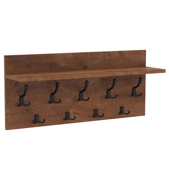 Cuier de perete VERTI cu carlige negre AKKE, Stejar antichizat, 40X90