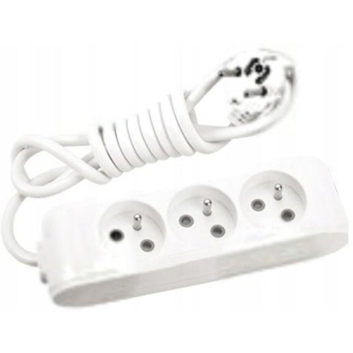 Удължителен кабел с 3 гнезда със защита и предпазител, Panasonic, 1.5 м, бял