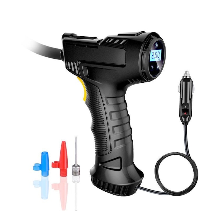 Hordozható autós kompresszor, multifunkcionális vezetékes elektromos pumpa, Autó/Motor/Kerékpár gumikhoz, Labdákhoz, fekete