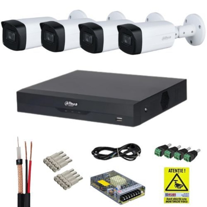 Sistem supraveghere 4K Dahua, 4 camere de exterior 4k 8MP, IR 80m, XVR 4 canale, Accesorii incluse, Autocolant Rovision