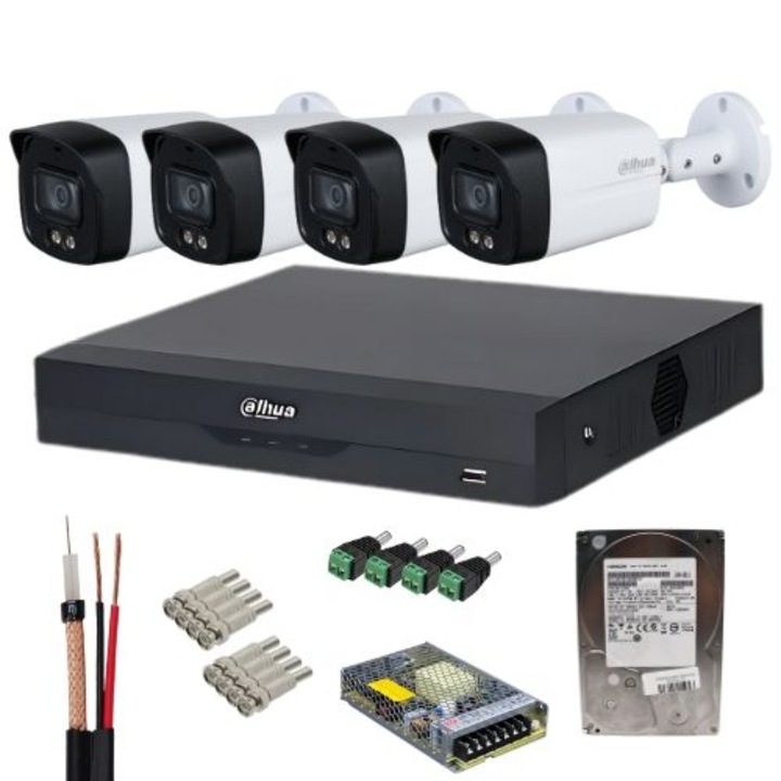 Sistem supraveghere Dahua 4 camere Full-Color 5MP, lentila 3.6mm, lumina alba 40m, microfon, DVR 4K Penta-brid, WizSense, 8 canale IP, HDD 1TB, accesorii