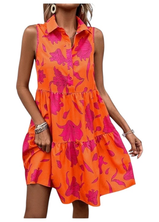 Lezser ruha, nyári modell, narancssárga, rózsaszín mintával, L