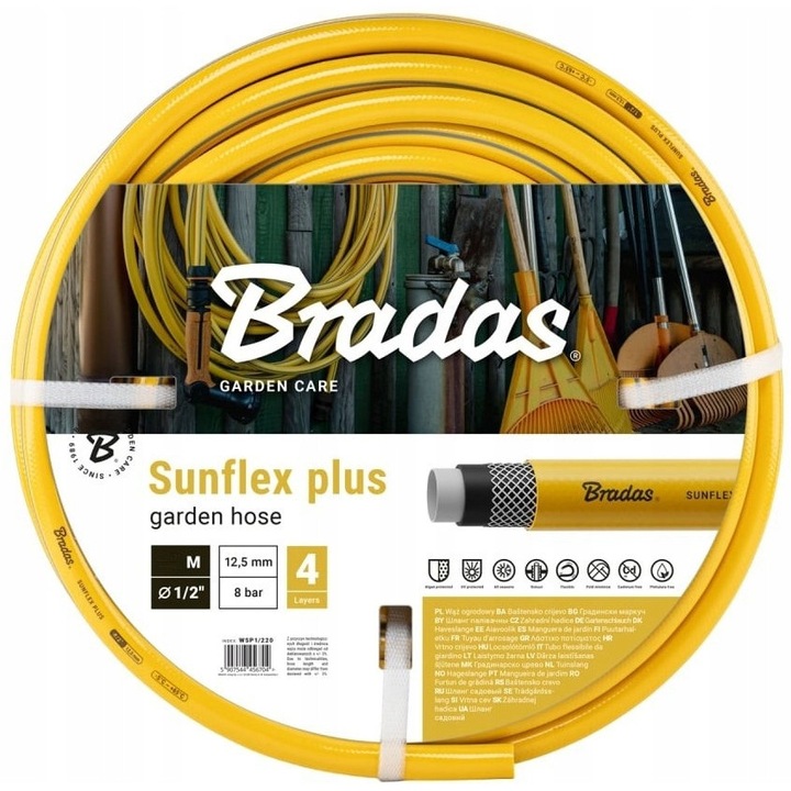 Градински маркуч Bradas SUNFLEX PLUS 1/2", 20 м, устойчив на UV лъчи, гъвкав, жълт