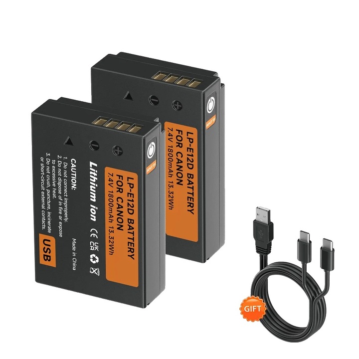Set 2 Baterii, Incarcare Type-C USB, Capacitate 1800mAh, Compatibile cu camere Canon