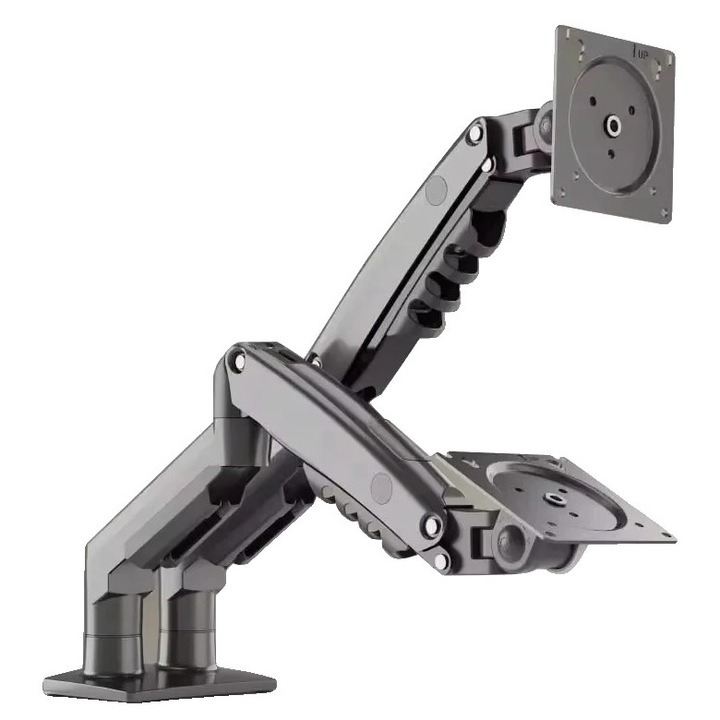 Suport dual pentru monitoare, ajustare completa, design compact, gri mat, pana la 27 inch