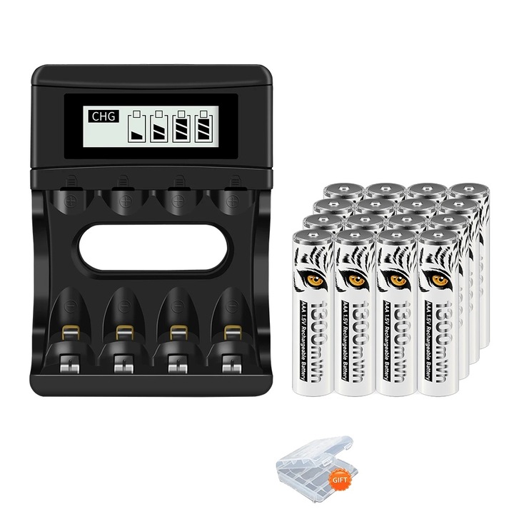 Set baterii reincarcabile 16AAA cu incarcator LCD, 3500mAh AA, 1300mWh AAA