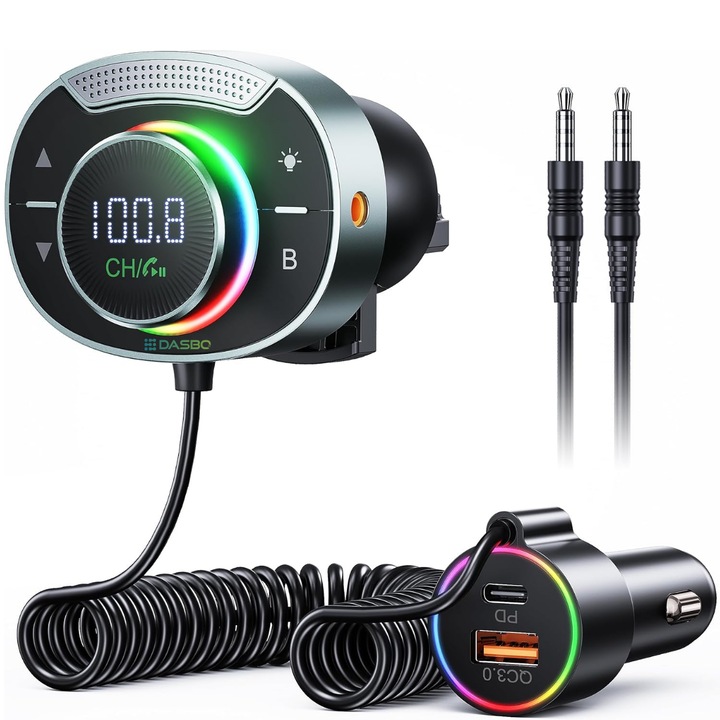 Bluetooth 5.3 autós FM modulátor, Dasbo® rádióadó, 48 W-os gyorstöltési funkció (PD 30 W + QC 18 W), HD mikrofon, SuperBass gomb, kihangosító hívások, 3 lejátszási mód (BT/AUX/TF kártya), RGB világítás, USB-C és USB-A port