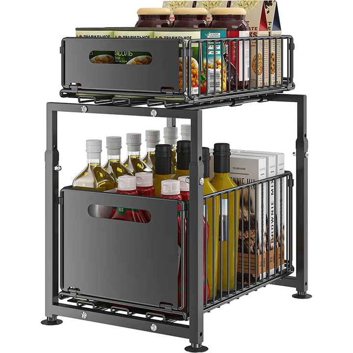 Raft de depozitare, 2 niveluri, design cu sertare glisante, inaltime ajustabila, otel carbon