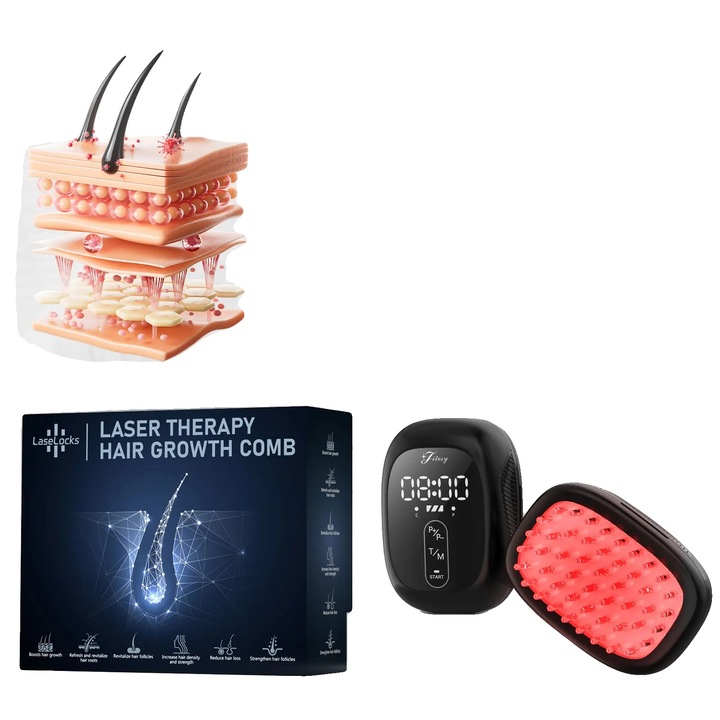 Dispozitiv pentru Cresterea Parului, Terapie cu Laser de Nivel Scazut, Baterie Reincarcabila, Set Negru