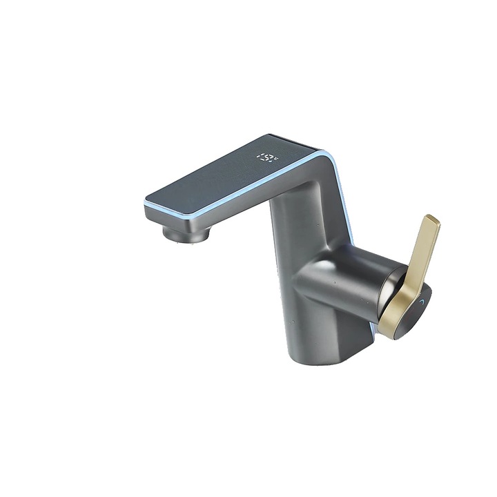 Fürdőszobai csaptelep, Gun Grey, LED világítással, kettős üzemmódú fúvókával, pultra szerelhető