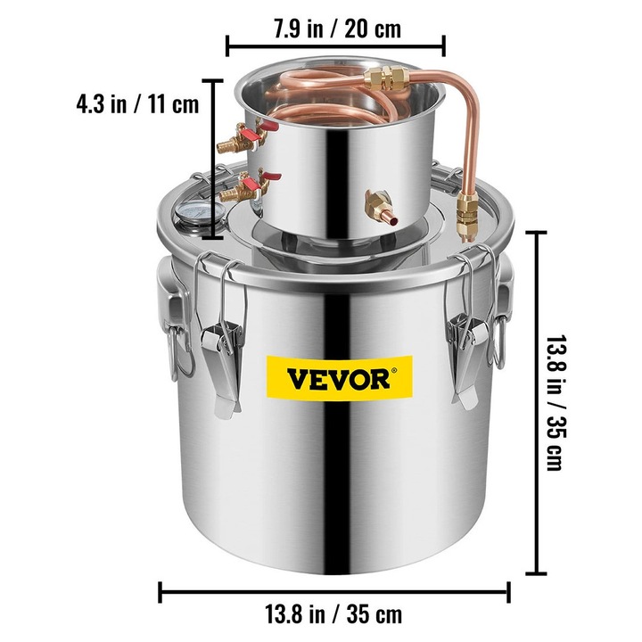 Desztilláló, 30L, Vevor, rozsdamentes acél/vörösréz, kettős hőmérséklet-szabályozás, könnyen tisztítható