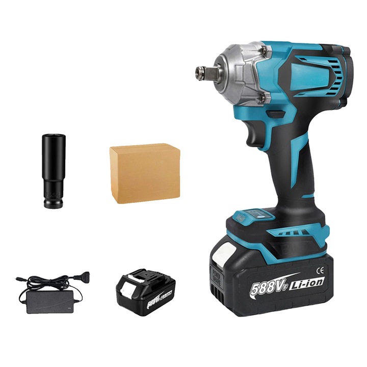 Cheie de impact electrica, 1200 Nm, reincarcabila, set cu 2 baterii, 8 viteze, motor fara perii