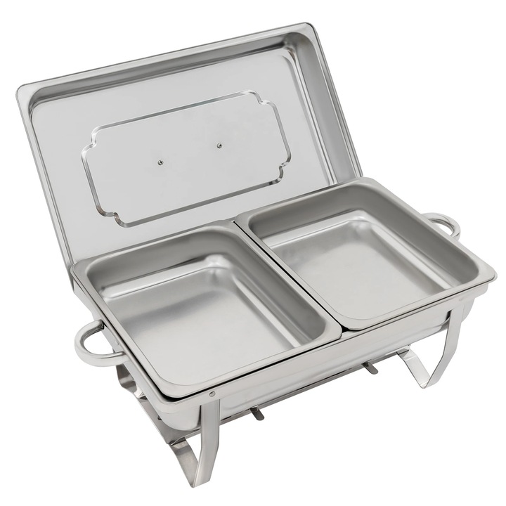 Комплект тави Gastronorm, 4 бр., неръждаема стомана, загряване с алкохол, сребристо, вместимост 3,5 л на секция