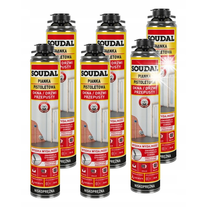 Soudal poliuretán szerelőhab, 750 ml, 6 darabos készlet, hőállóság -40C és +90C között, alkalmazás +5C és +30C között