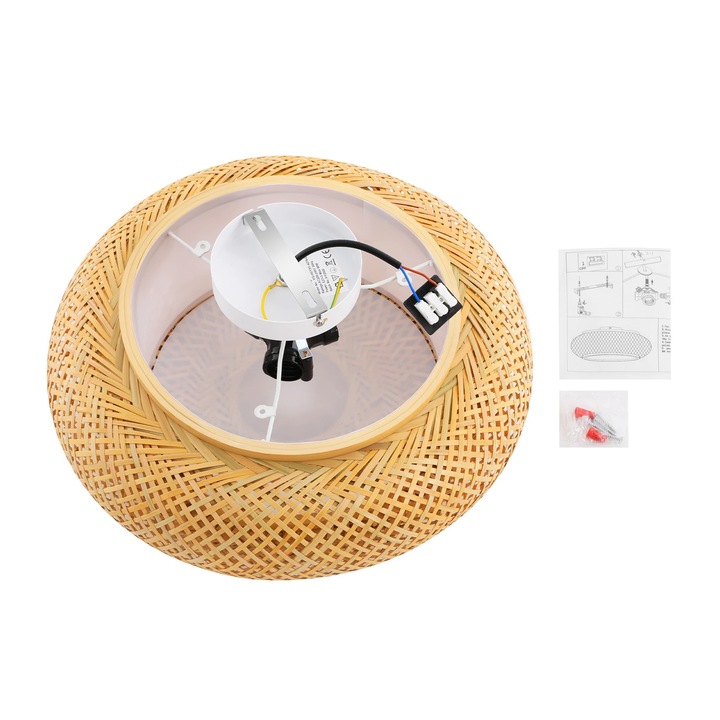 Bambusz rattan mennyezeti lámpa, Plafonlámpa, Kézzel fonott, Kerek 40×14 cm, 3x E27, 220 V, 10–15 m², Felületre szerelhető, Sárga Rattan
