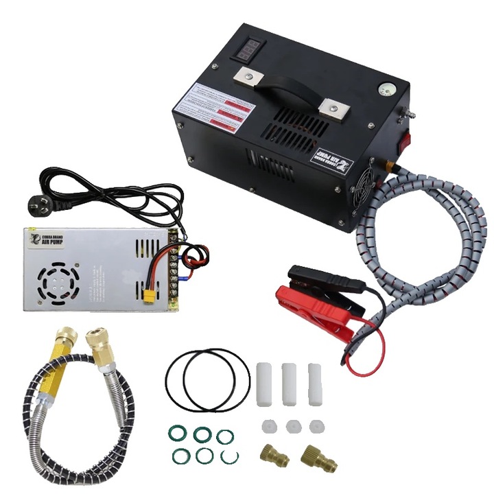 Pompa de inalta presiune, electrica, 12V-220V, certificata CE, design compact, pentru umplerea pustilor pneumatice