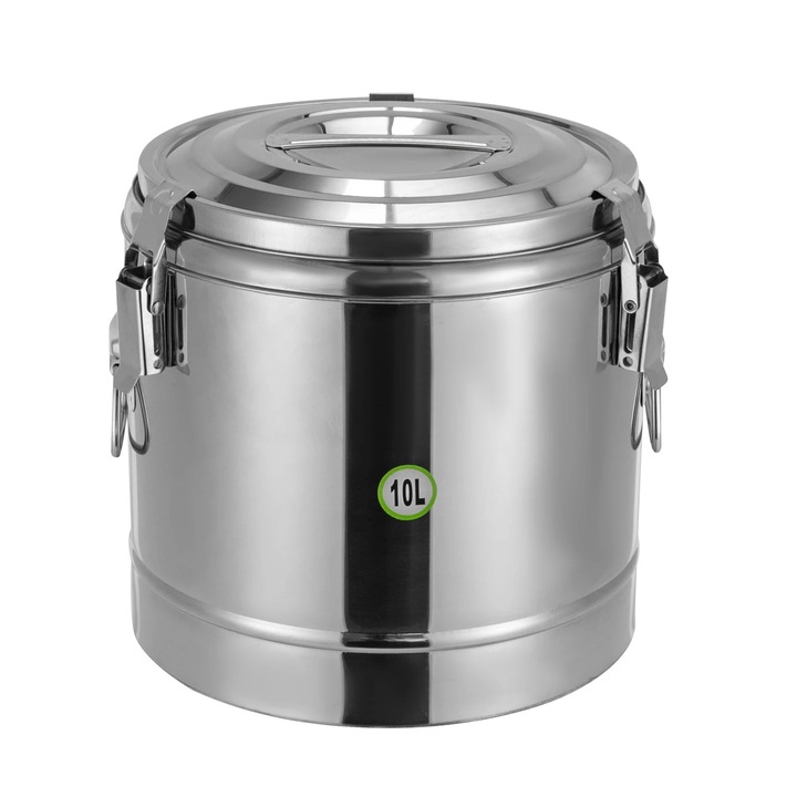Galeata termoizolata pentru gheata, Galeata cu capac, 10 l, Otel inoxidabil 304, Pastreaza cald/rece ~12 h, 29, 5×28, 4 cm, Rotunda, Argintiu