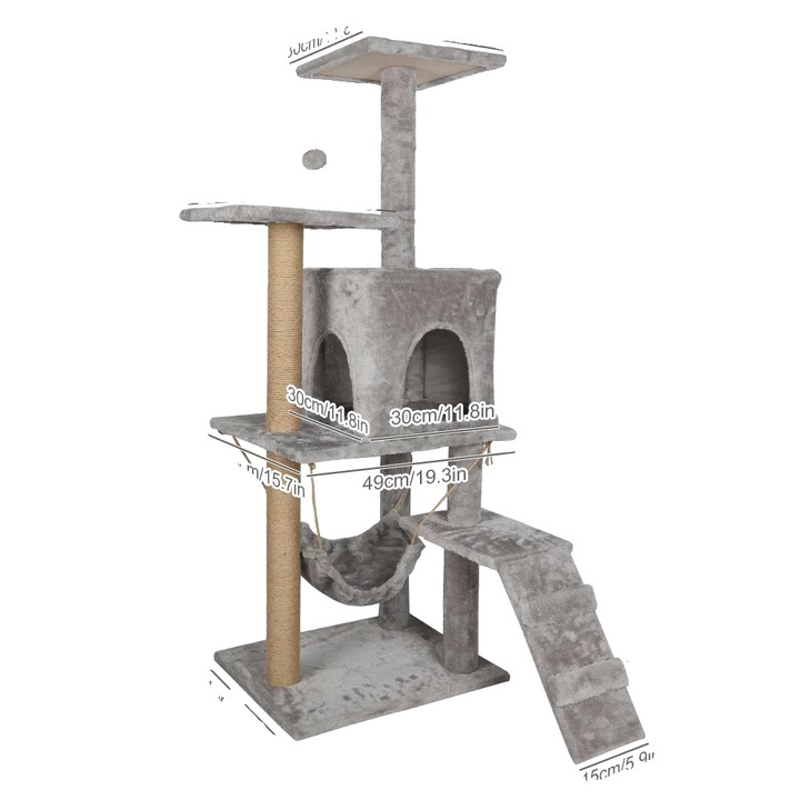Ansamblu de joaca pentru pisici, design pe mai multe niveluri, posturi de zgariat si platforme, gri, 5 etaje