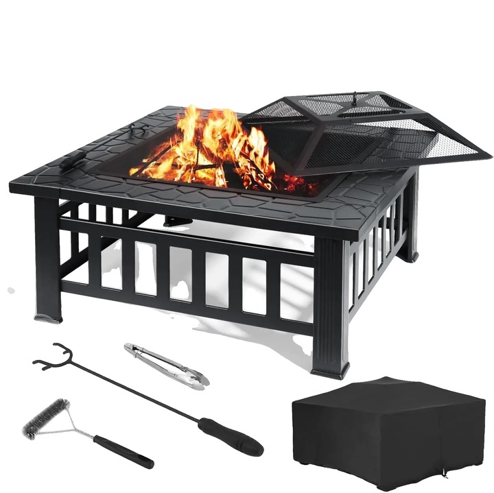 Gratar de gradina, utilizare multifunctionala, capac de siguranta, negru, 81x81x45cm