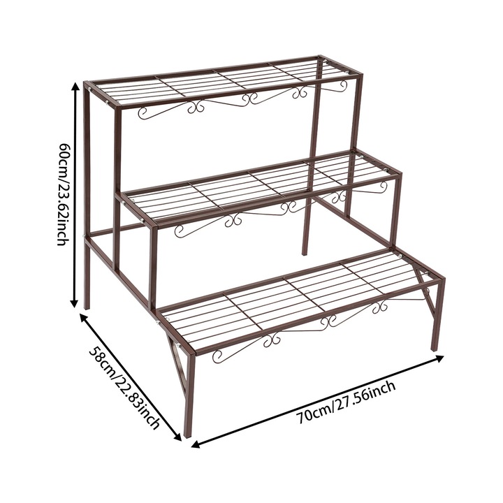 Suport pentru plante, constructie din fier, finisaj antic bronz, design cu 3 niveluri, 44.09 lbs per nivel