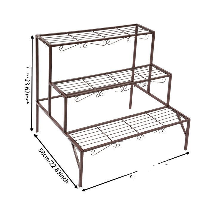 Suport pentru plante, constructie din fier, finisaj antic bronz, design cu 3 niveluri, 44.09 lbs per nivel