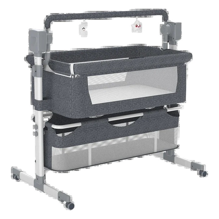 Patut bebe pliabil, muzica Bluetooth, gri, pentru nou-nascuti si sugari pana la 2 ani