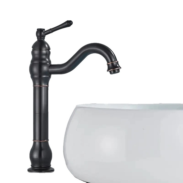 Fürdőszobai csaptelep, magasított, kerámia, fekete, a mosogató tetejére szerelhető