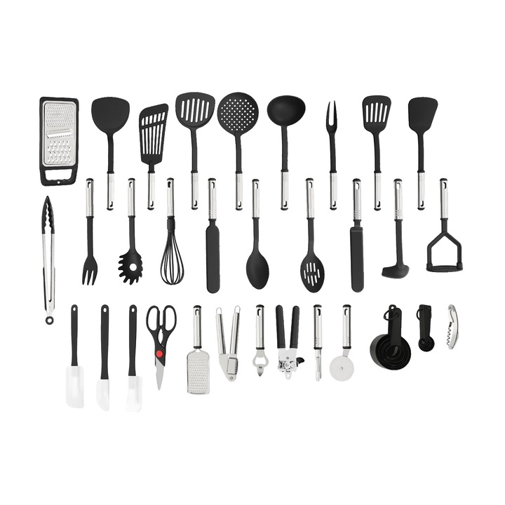 Set ustensile de bucatarie, 40 piese, nylon si otel inoxidabil, negru, 22x10x28cm