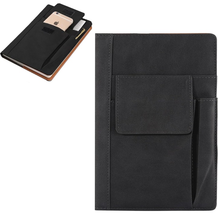 Agenda tip portofoliu, ZGGZERG, A5, 200 pagini, buzunar pentru telefon, Negru, 22x15cm