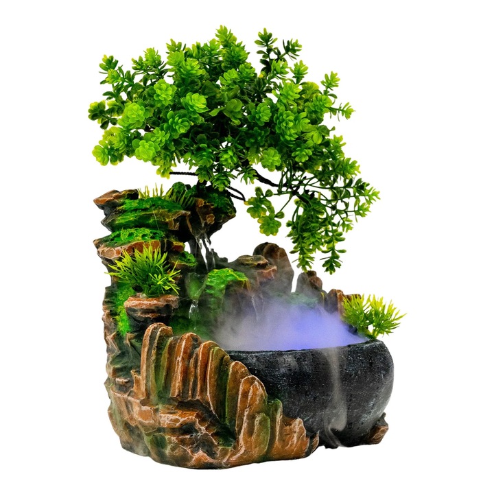 Fantana Interioara din Rasina pentru Decor Acasa, Model Cascada de Masa, Iluminare LED, Rocarie Imitatie Pin, Forma Neregulata, Culoare Maro