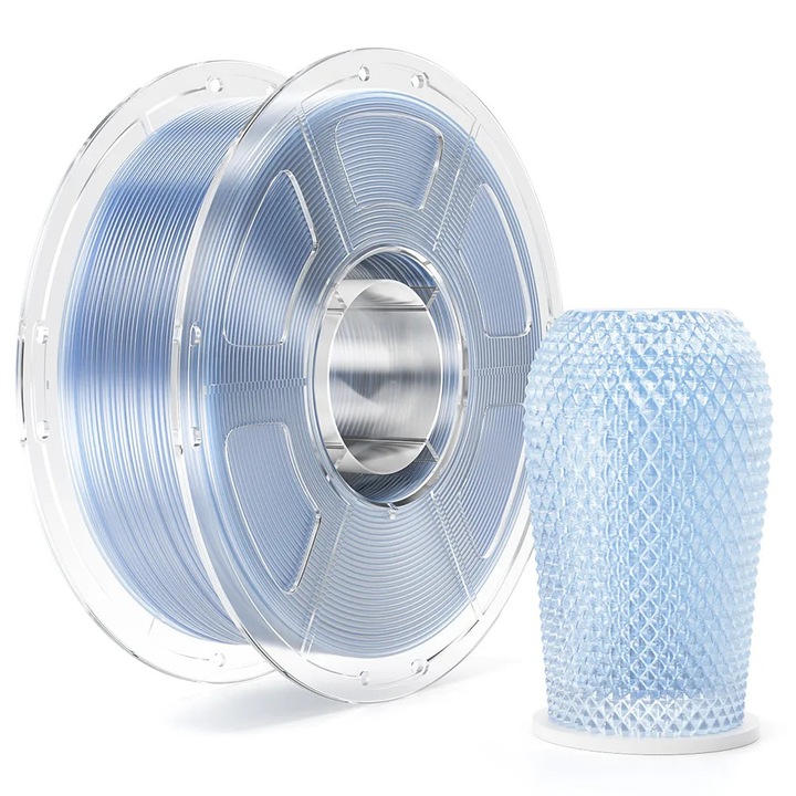 Filament PETG pentru imprimanta 3D, Viteza mare, Transparent, 1 kg, 30–600 mm/s, 230–250 °C, Albastru deschis