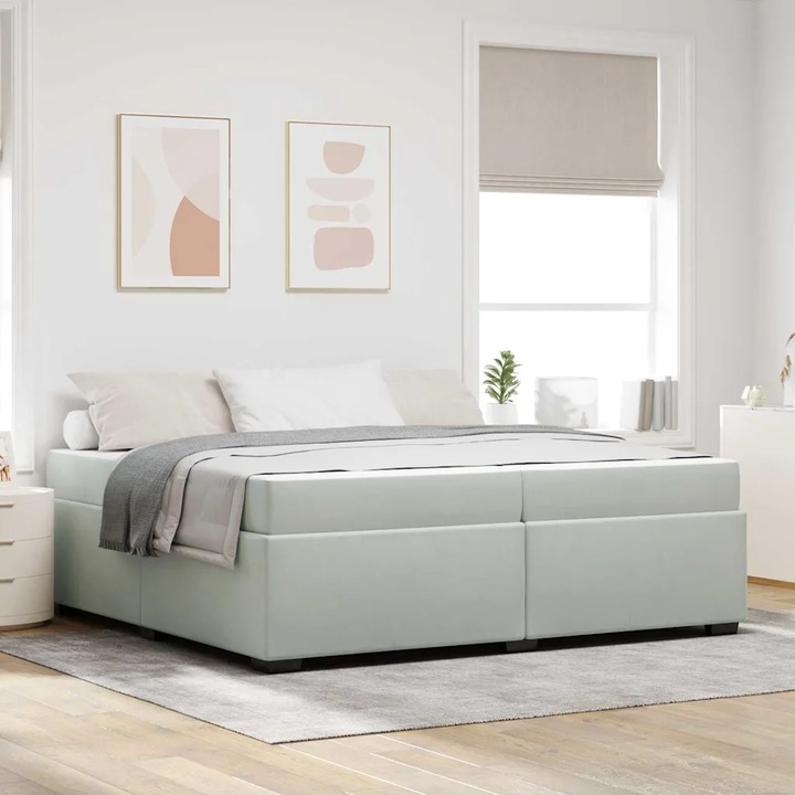 Pat cu saltea, VidaXL, 200x200cm, gri deschis, tapiterie din catifea, suport lamelar