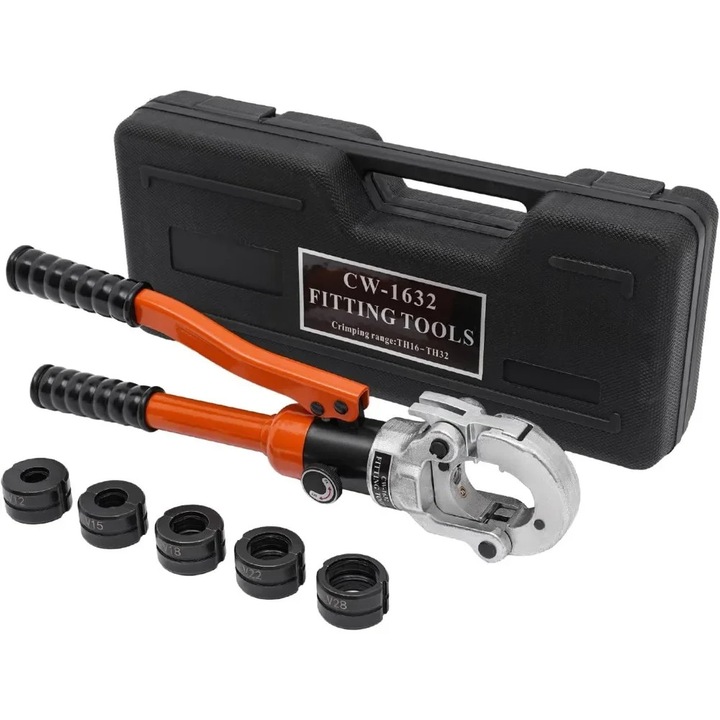 CW-1632 hidraulikus prés, 80 kN, 5 pofával V 12-28 mm, piros, 44x19x9cm
